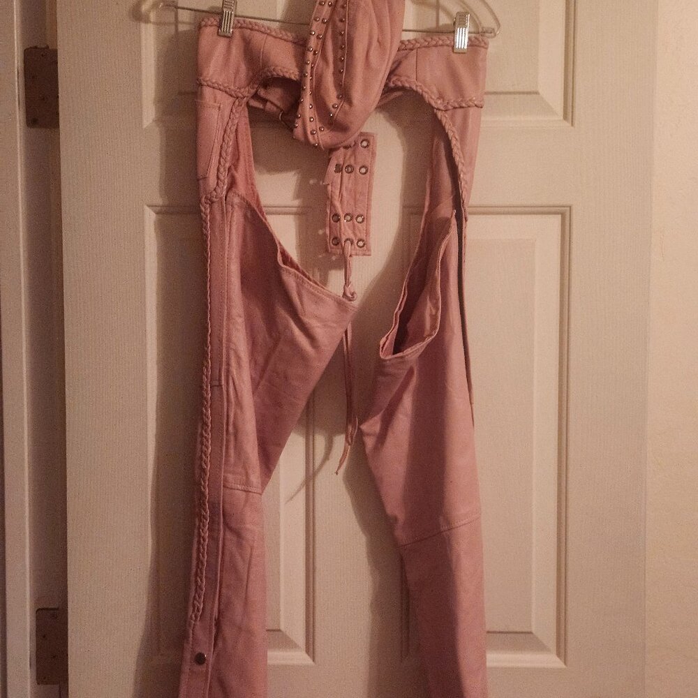 Pink Leather Braided Motorcycle Chaps and Matching Hat